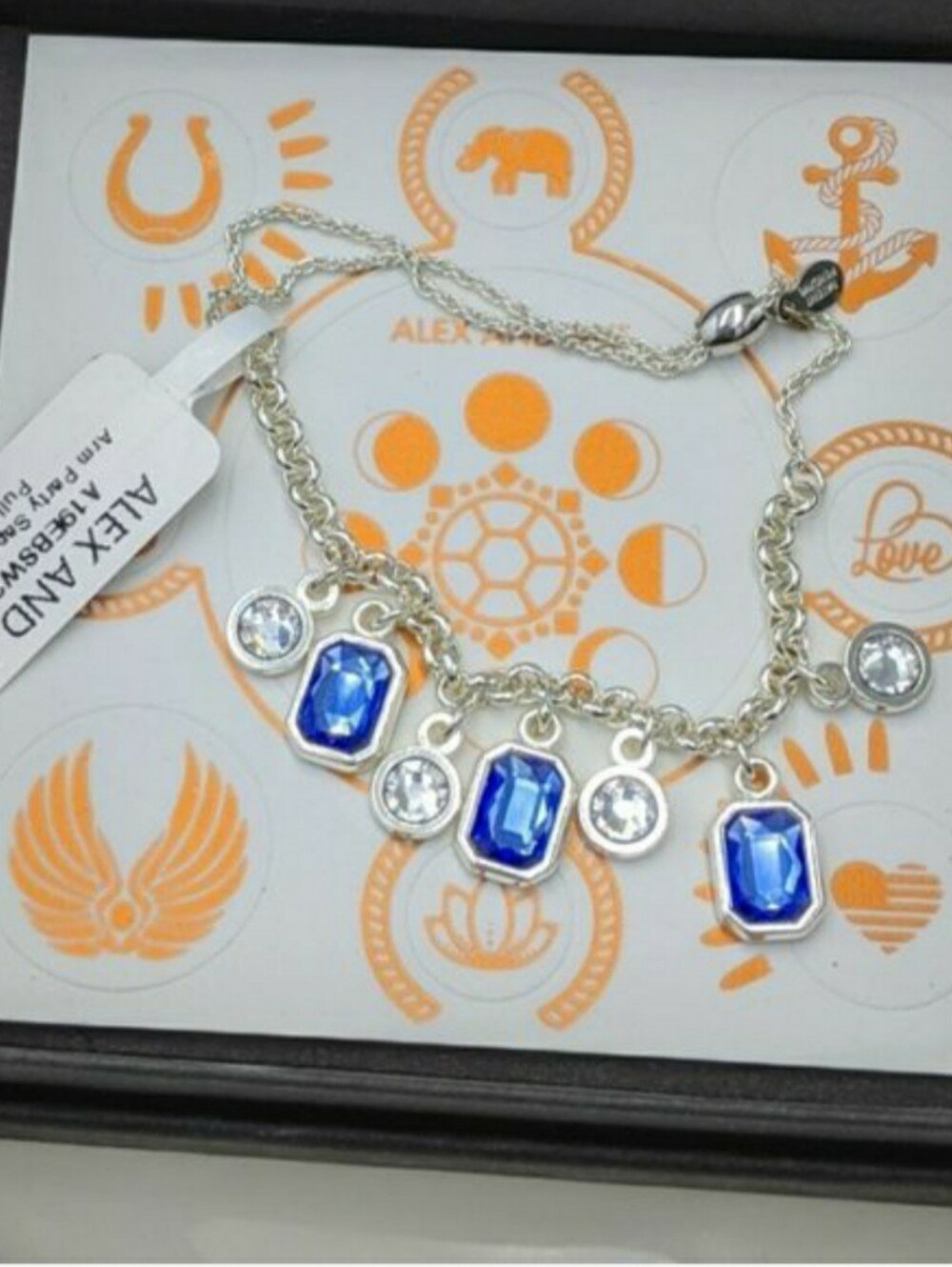 Alex and Ani Arm Party Sapphire Crystal Drop Pull Chain Silver Bracelet NWT